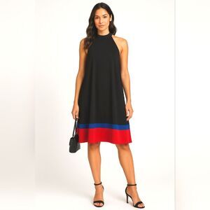 NICOLE MILLER Women’s Swing Dress Black Red Blue XL Colorblock Halter Flowy